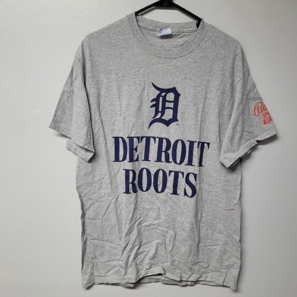Bally Sports Detroit‎ Tigers Baseball Roots Mens Large Tee Shirt Gray Blue Mich